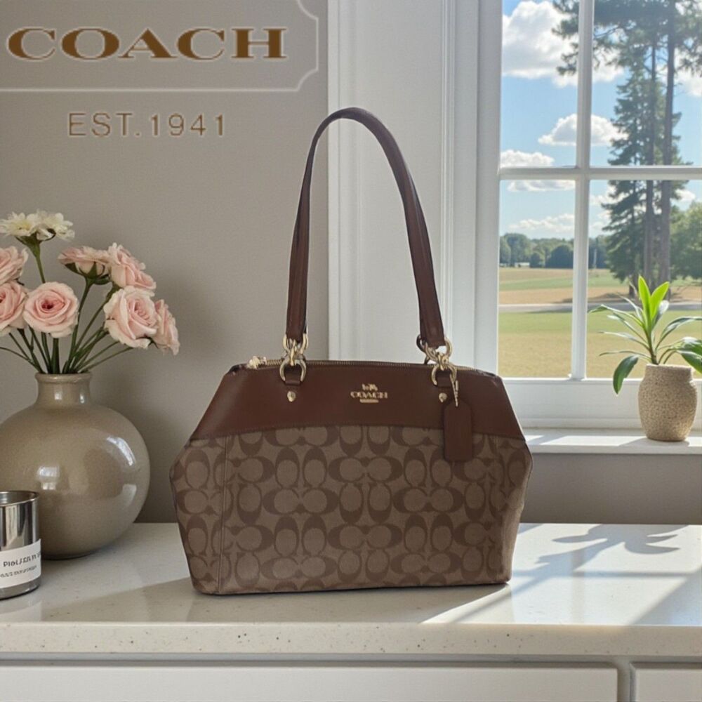 Coach Brooke Carryall Tote Brown Signature Monogram Satchel Leather Trim